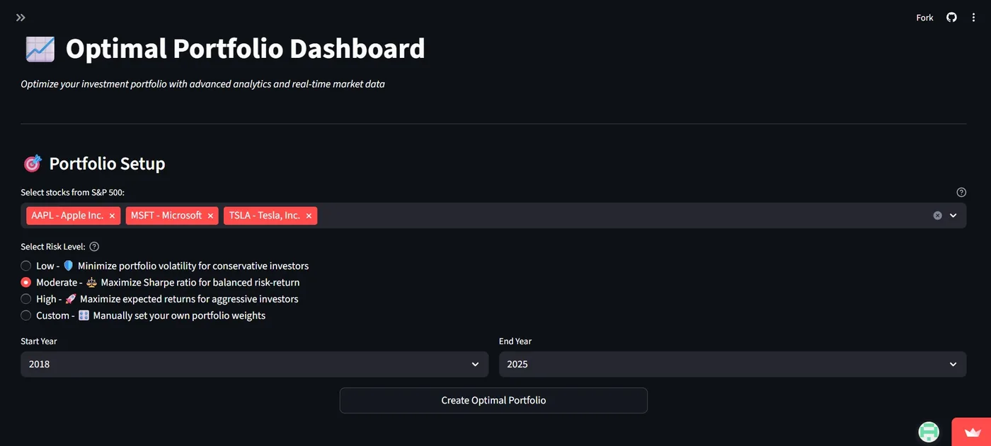 Optimal Portfolio Dashboard screenshot